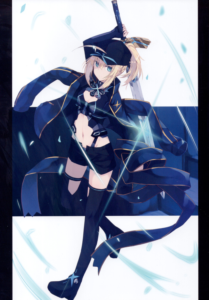 1girl absurdres ahoge artoria_pendragon_(all) bangs baseball_cap black_footwear black_headwear black_shorts blonde_hair blue_background blue_jacket blue_panties blue_theme boots breasts cleavage closed_mouth fate/grand_order fate_(series) full_body green_eyes hair_between_eyes hat highres holding holding_weapon jacket jacket_on_shoulders leaning_forward looking_at_viewer midriff mysterious_heroine_x_(fate) nagishiro_mito navel panties ponytail scan scan_artifacts serious short_hair shorts sidelocks solo thigh_boots thighhighs underwear weapon