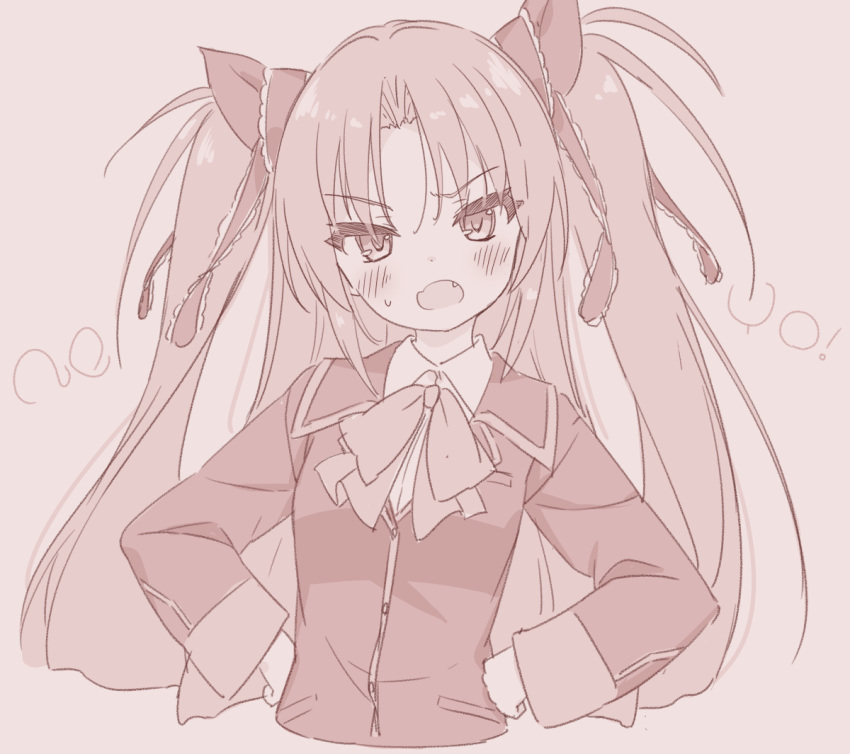 1girl bangs blazer blush bow breasts brown_background collared_shirt commentary cropped_torso eyebrows_visible_through_hair fang hair_ribbon hands_on_hips head_tilt jacket jigatei_(omijin) little_busters! long_hair long_sleeves looking_at_viewer monochrome open_mouth parted_bangs ribbon sasasegawa_sasami school_uniform shirt simple_background sleeves_past_wrists small_breasts solo sweat two_side_up upper_body v-shaped_eyebrows very_long_hair