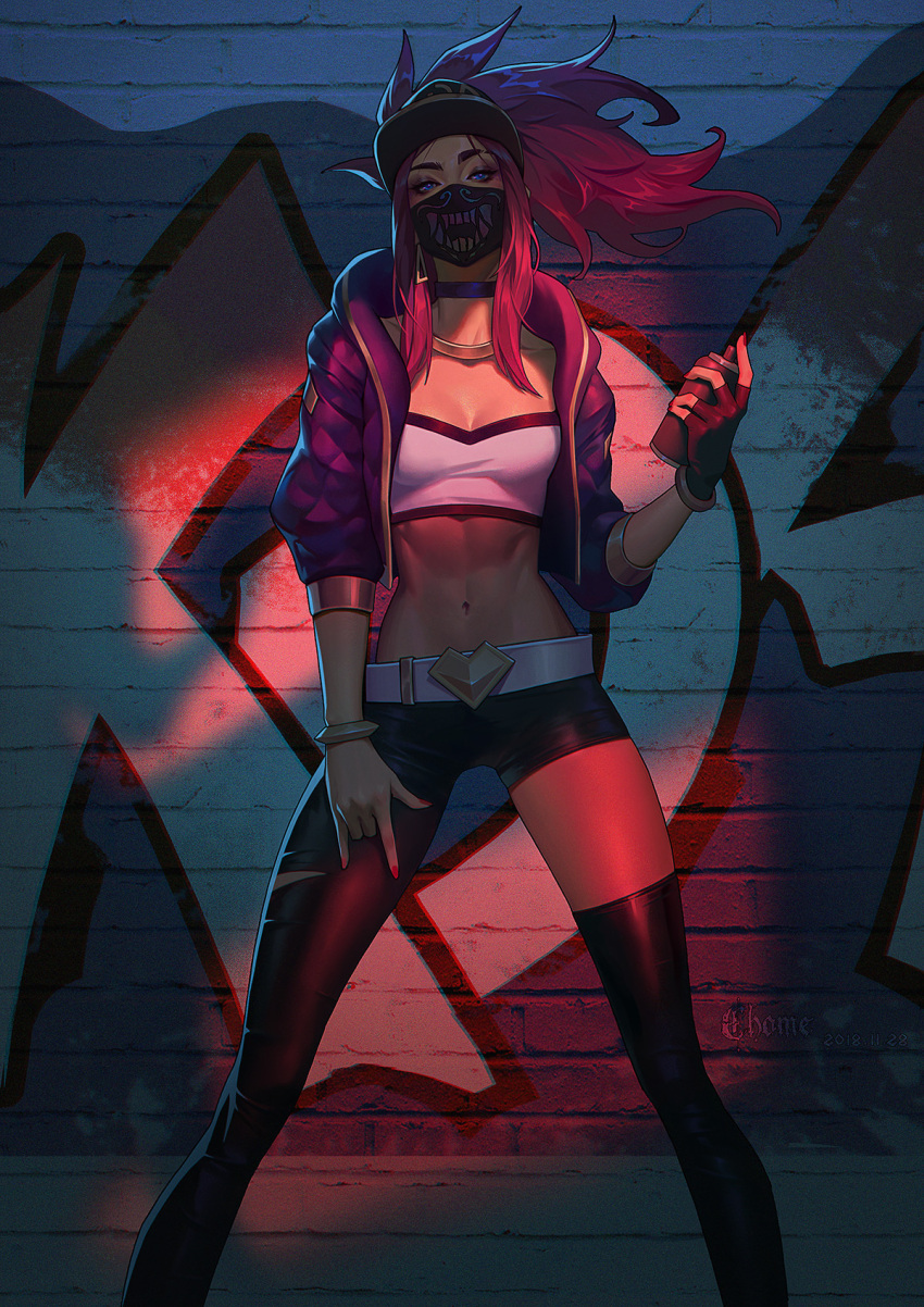 1girl abs artist_name baseball_cap blue_eyes bracelet breasts c_home can choker cleavage commentary cropped_jacket dated floating_hair hat highres holding holding_can jacket jewelry k/da_(league_of_legends) k/da_akali league_of_legends legs_apart long_hair looking_at_viewer mask md5_mismatch mouth_mask navel open_clothes open_jacket purple_jacket red_hair shiny shiny_skin sidelocks single_thighhigh solo spray_can standing thighhighs