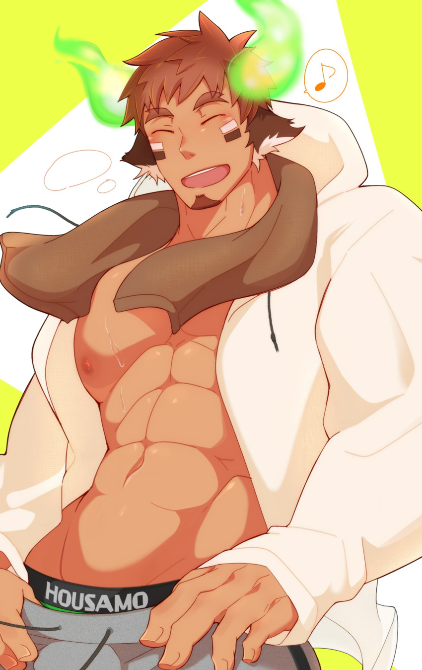 1boy abs animal_ears bara bare_pecs brown_eyes brown_hair bulge casual cow_boy cow_ears cow_horns cowboy_shot dark_skin dark_skinned_male facial_hair fiery_horns forked_eyebrows glowing_horns goatee green_male_underwear grey_pants highres hood hooded_jacket hoodie horns jacket kuro_(shiranui) large_pectorals looking_at_viewer male_focus muscular muscular_male musical_note nipples open_clothes open_hoodie open_jacket pants short_hair smile solo spiked_hair spoken_musical_note stomach thick_eyebrows tokyo_houkago_summoners towel towel_around_neck wakan_tanka white_hoodie white_jacket