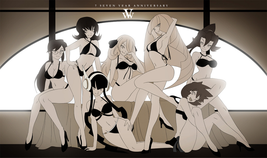 6+girls armpits arms_behind_head bangs bare_shoulders bikini bikini_bottom bikini_top black_bikini black_hair blonde_hair breasts clair_(pokemon) collarbone curvy cynthia_(pokemon) elesa_(pokemon) english_text glasses glowing greyscale grin hair_ornament hair_over_eyes hand_on_hip headphones high_heels knee_up knees_up large_breasts long_hair looking_at_viewer lorelei_(pokemon) lusamine_(pokemon) lying misty_(pokemon) monochrome multiple_girls navel ojou-sama_pose on_side one_eye_closed open_mouth pokemon pokemon_(game) pokemon_bw2 pokemon_dppt pokemon_gsc pokemon_hgss pokemon_sm ponytail pose sabrina_(pokemon) sepia short_hair sidelocks sitting slingshot_swimsuit smile spiked_hair swimsuit table twintails vivivoovoo window