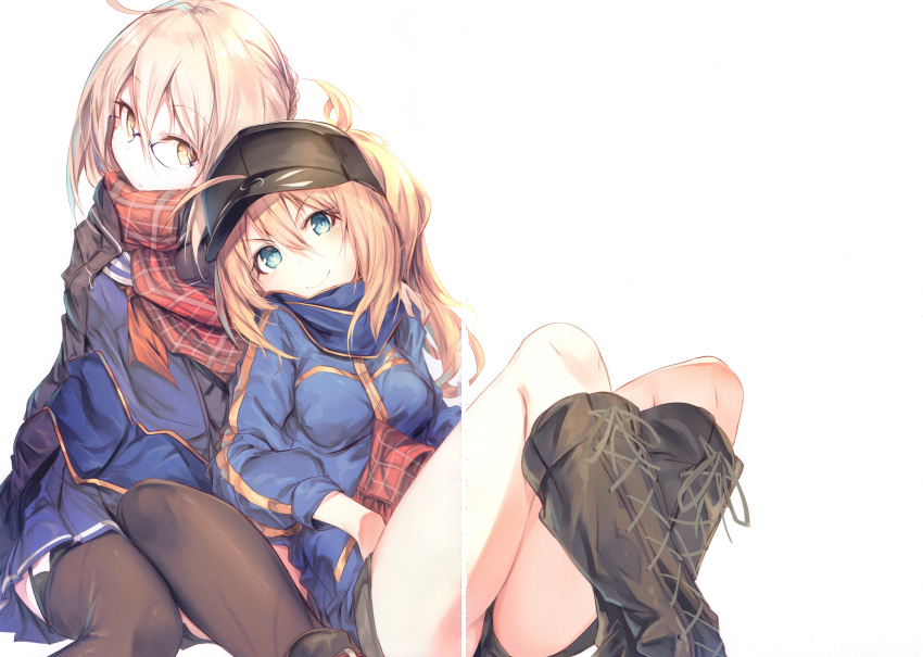 2girls absurdres ahoge artoria_pendragon_(all) bangs baseball_cap black_footwear blonde_hair blue_eyes blue_jacket blue_scarf blue_skirt boots braid closed_mouth coat crease duffel_coat eyebrows_visible_through_hair fal_maro fate/grand_order fate_(series) french_braid garter_straps glasses hair_between_eyes hair_through_headwear hat highres jacket knee_boots long_hair looking_at_viewer multiple_girls mysterious_heroine_x_(alter)_(fate) mysterious_heroine_x_(fate) open_clothes open_coat plaid plaid_scarf platinum_blonde_hair pleated_skirt ponytail red_scarf scan scan_artifacts scarf school_uniform serafuku short_shorts shorts sidelocks silver_hair simple_background sitting skirt smile thighhighs thighs track_jacket white_background yellow_eyes