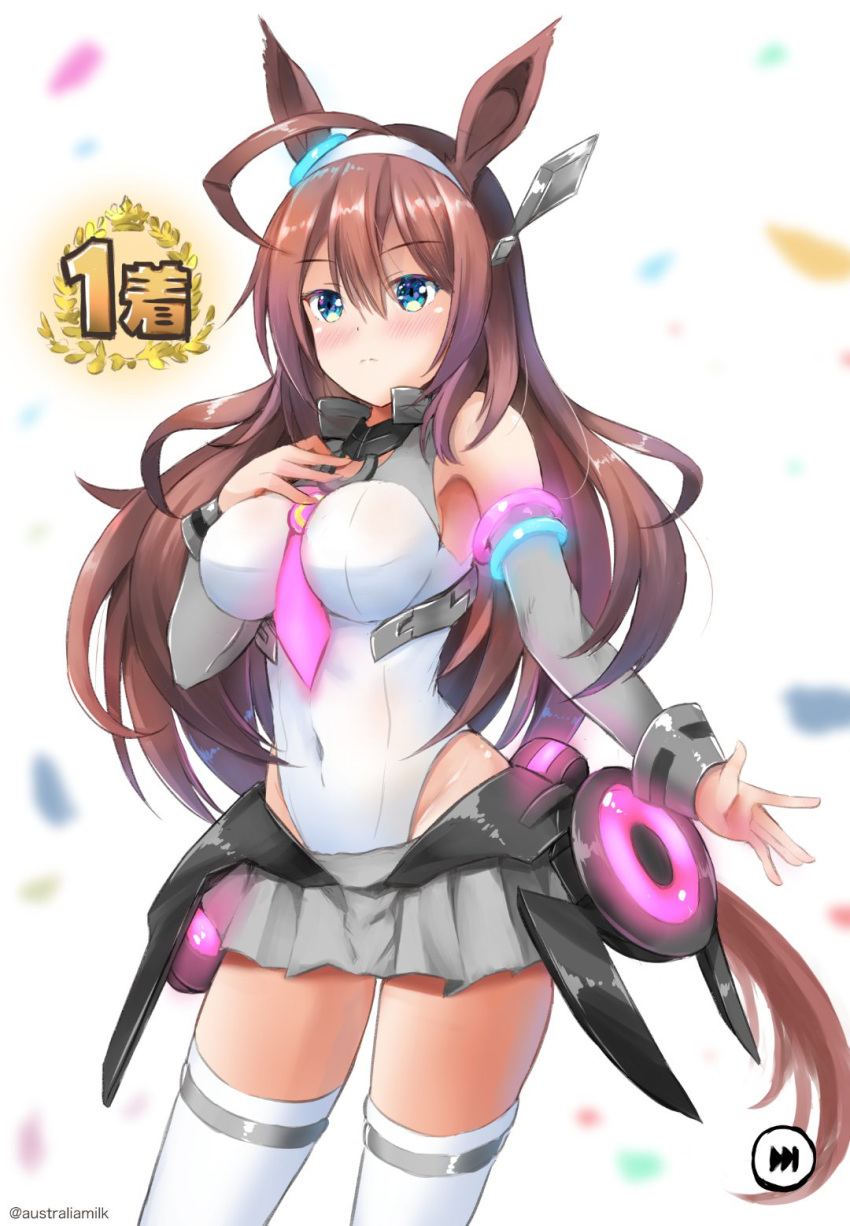 1girl ahoge animal_ears bangs bare_shoulders between_breasts blue_eyes blush breasts brown_hair closed_mouth commentary_request covered_navel detached_sleeves eyebrows_visible_through_hair gameplay_mechanics glowing grey_skirt grey_sleeves groin hair_between_eyes hairband highres horse_ears horse_girl horse_tail leotard long_sleeves looking_at_viewer medium_breasts mihono_bourbon neon_trim pink_neckwear pleated_skirt skirt solo suzuta_yume tail thighhighs umamusume white_background white_hairband white_legwear white_leotard