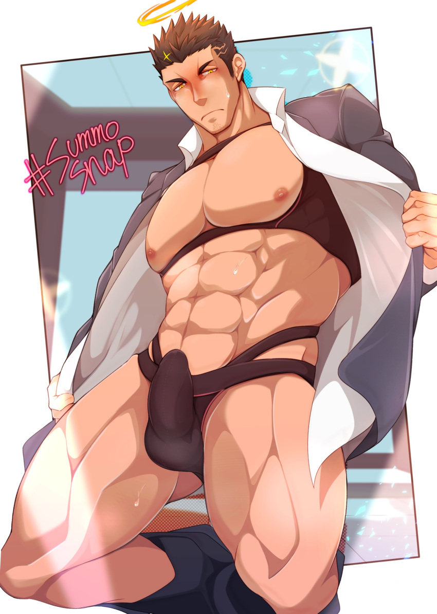 1boy abs absurdres ass_visible_through_thighs bara bare_pecs blush brown_male_swimwear bulge chest_harness erection erection_under_clothes facial_hair feet_out_of_frame formal grey_suit halo harness highres jacket kuro_(shiranui) large_pectorals looking_at_viewer male_focus male_swimwear muscular muscular_male navel nipples official_alternate_costume open_clothes open_jacket open_pants pants short_hair sideburns sky solo stomach stubble suit swim_briefs swimwear thick_thighs thighs tokyo_houkago_summoners zabaniya_(tokyo_houkago_summoners)