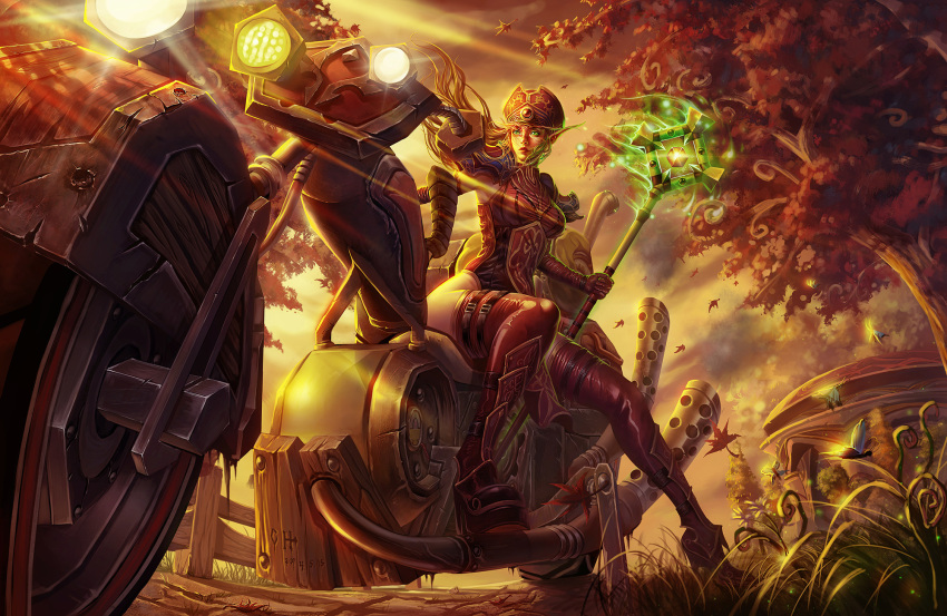 1girl autumn_leaves blonde_hair blood_elf boots breasts bug building butterfly c_home closed_mouth commentary_request exhaust_pipe fence floating_hair from_below gloves glowing glowing_weapon grass green_eyes ground_vehicle hat highres holding holding_staff insect leaves_in_wind light motor_vehicle motorcycle outdoors pointy_ears red_headwear sitting_sideways staff thigh_boots thighhighs tree warcraft weapon world_of_warcraft