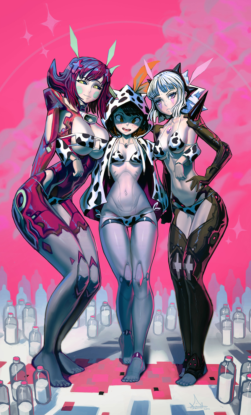 3girls :&lt; andaerz animal_print arm_around_waist arms_behind_back bell bikini black_sclera black_skin blush_stickers borrowed_character bottle breasts brown_hair cleavage colored_sclera colored_skin commentary commission cow_hood cow_print cowbell d-pad d-pad_hair_ornament english_commentary eyepatch_bikini facial_mark freckles front-tie_bikini front-tie_top grey_skin hair_ornament hairband height_difference highres hood hood_up hoodie humanoid_robot joints large_breasts legs_together lowleg lowleg_bikini medium_breasts metal_skin milk_bottle multicolored multicolored_skin multiple_girls neck_bell open_clothes open_hoodie open_mouth original pink_background purple_hair robot_joints short_hair siblings side-tie_bikini sisters slender_waist small_breasts smile spaghetti_strap spiked_hairband spikes swimsuit thigh_gap toes too_many two-tone_skin underboob white_hair
