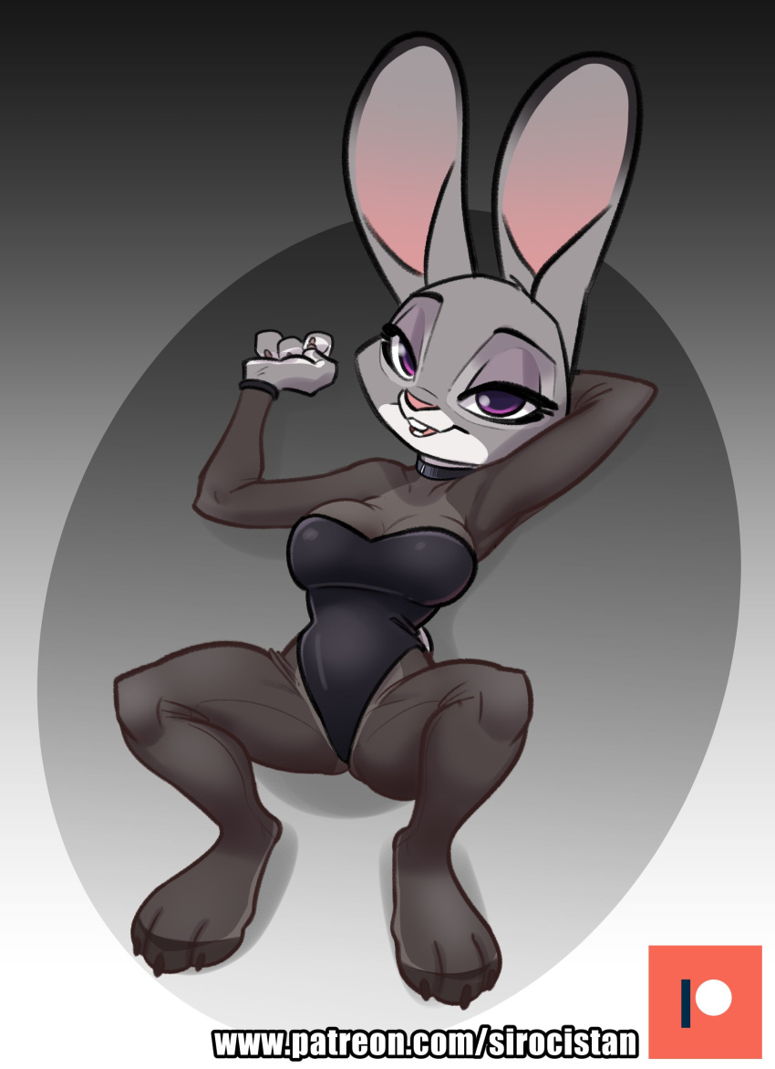 absurd_res anthro bedroom_eyes body_stocking buckteeth clothing disney female hand_behind_head hi_res judy_hopps lagomorph leotard leporid looking_at_viewer lying mammal narrowed_eyes on_back rabbit seductive siroc solo teeth zootopia