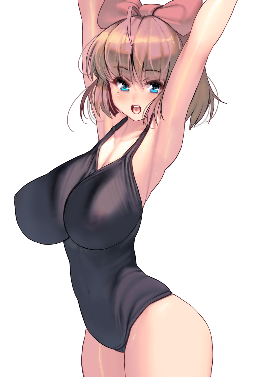 1girl absurdres ahoge armpits arms_up bangs blonde_hair blue_eyes bow breasts cowboy_shot hair_bow highres huge_breasts impossible_clothes impossible_swimsuit looking_at_viewer masao original photoshop_(medium) red_bow school_swimsuit short_hair solo swimsuit white_background