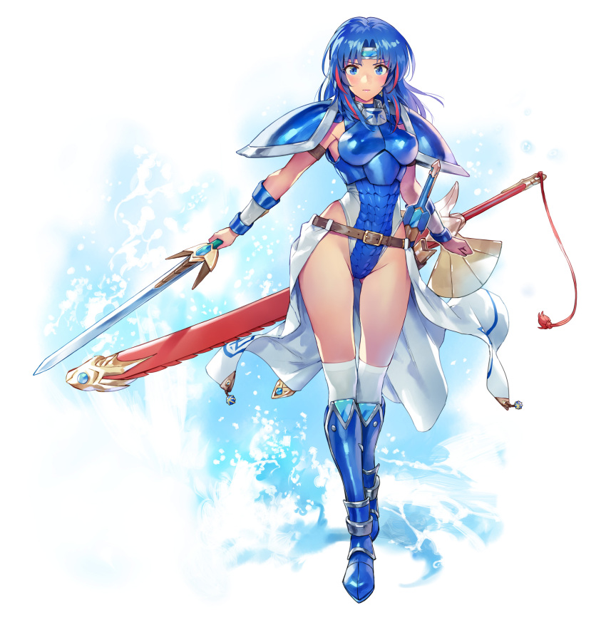 1girl armor armored_boots ass_visible_through_thighs bangs belt blue_armor blue_eyes boots breastplate breasts clenched_hand closed_mouth commentary commission full_body highleg highleg_leotard highres holding holding_sword holding_weapon leotard long_hair looking_at_viewer matsuda_(matsukichi) medium_breasts multicolored_hair original parted_bangs red_hair sheath sheathed shiny shiny_hair shoulder_armor simple_background skeb_commission solo standing sword thighhighs two-tone_hair vambraces weapon white_background white_legwear