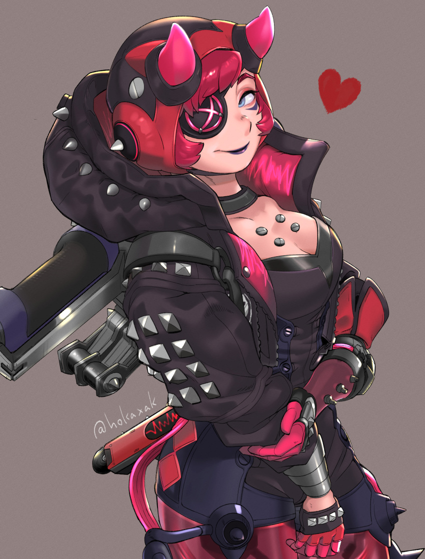 1girl absurdres apex_legends backpack bag black_bodysuit black_headwear black_jacket blue_eyes bodysuit breasts cleavage cyber_punked_wattson cyberpunk eyepatch fingerless_gloves gloves hand_on_own_arm head_tilt heart highres hokaxak horns jacket lipstick looking_to_the_side makeup mechanical_arms mechanical_hands mechanical_legs medium_breasts one_eye_covered pink_hair purple_lips single_mechanical_arm smile solo wattson_(apex_legends)