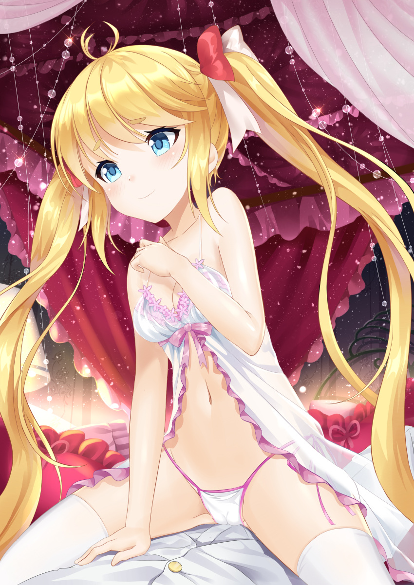 1boy 1girl absurdres admiral_(warship_girls_r) alternate_costume andrea_doria_(warship_girls_r) arm_support babydoll beads bed blonde_hair blue_eyes breasts cameltoe canopy_bed cleavage hand_up headboard highres lampshade light_smile long_hair navel panties side-tie_panties sleepwear small_breasts smile straddling taskforce141-doria thighhighs twintails underwear very_long_hair warship_girls_r white_legwear