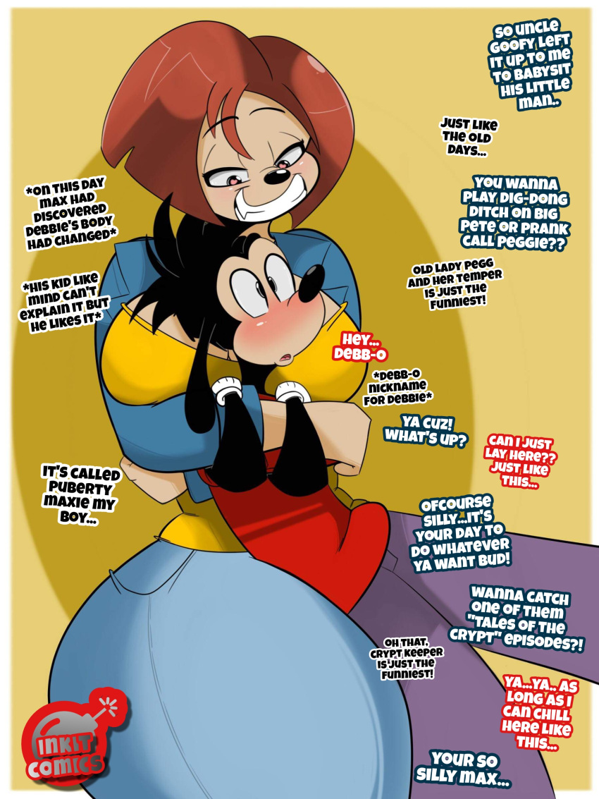 &lt;3 &lt;3_eyes 2019 absurd_res anthro big_breasts black_hair blush bottomwear breasts canid canine canis clothing curvy_figure debbie_dune denim denim_clothing dialogue digital_media_(artwork) disney domestic_dog duo english_text female goof_troop hair hi_res hourglass_figure huge_breasts inkit89 jacket jeans larger_female male mammal max_goof pants red_hair shirt simple_background size_difference smaller_male smile tan_body tan_skin teeth text thick_thighs topwear voluptuous wide_hips