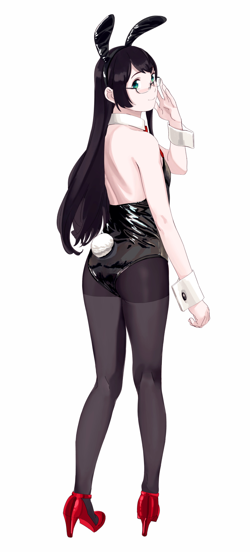 1girl absurdres alternate_costume animal_ears arm_up bare_arms bare_shoulders black_hair black_legwear black_leotard bunny_ears bunny_tail detached_collar eyebrows_visible_through_hair fake_animal_ears fake_tail full_body high_heels highres incredibly_absurdres kantai_collection leotard long_hair looking_at_viewer looking_back ojipon ooyodo_(kancolle) pantyhose playboy_bunny red_footwear simple_background smile solo standing strapless strapless_leotard tail white_background wrist_cuffs