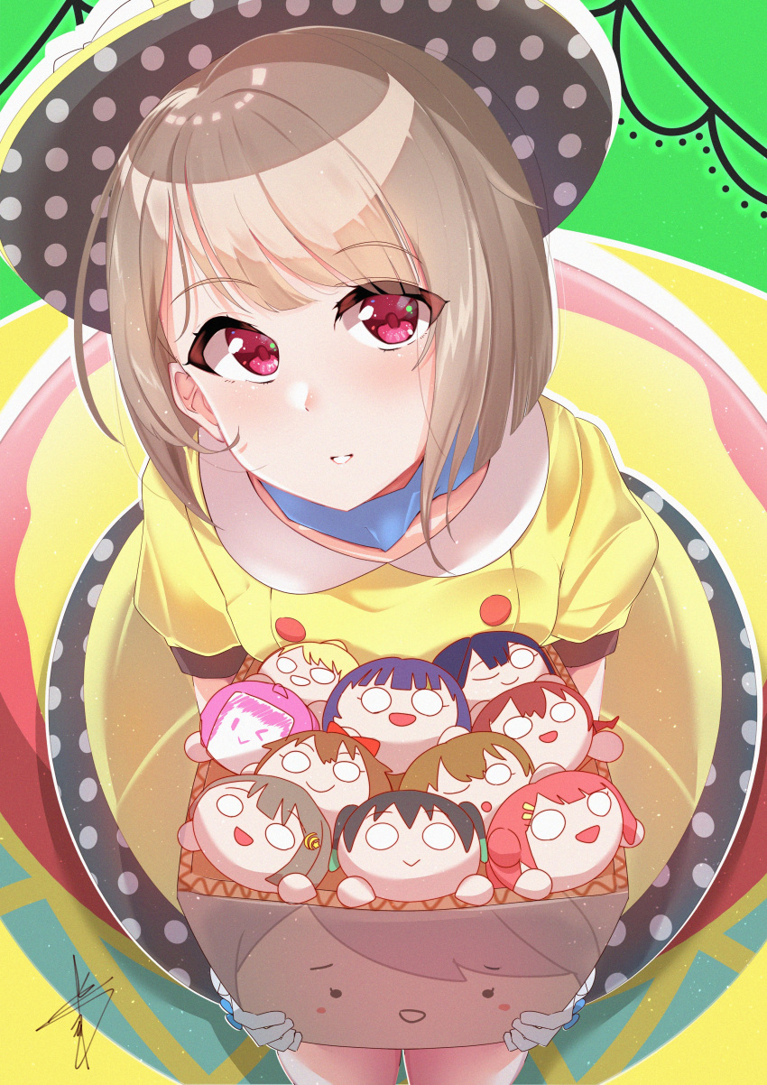 absurdres asymmetrical_hair blue_bow blue_ribbon blush bob_cut bow box buttons candy character_doll collarbone dress food gloves grey_hair hat hat_ribbon highres holding holding_box lollipop love_live! love_live!_nijigasaki_high_school_idol_club nakasu_kasumi nesoberi oversized_food polka_dot polka_dot_headwear poppin'_up_(love_live!) puffy_short_sleeves puffy_sleeves red_eyes ribbon short_hair short_sleeves standing sweets top_hat white_bow white_gloves yaa-kun yellow_dress yellow_headwear