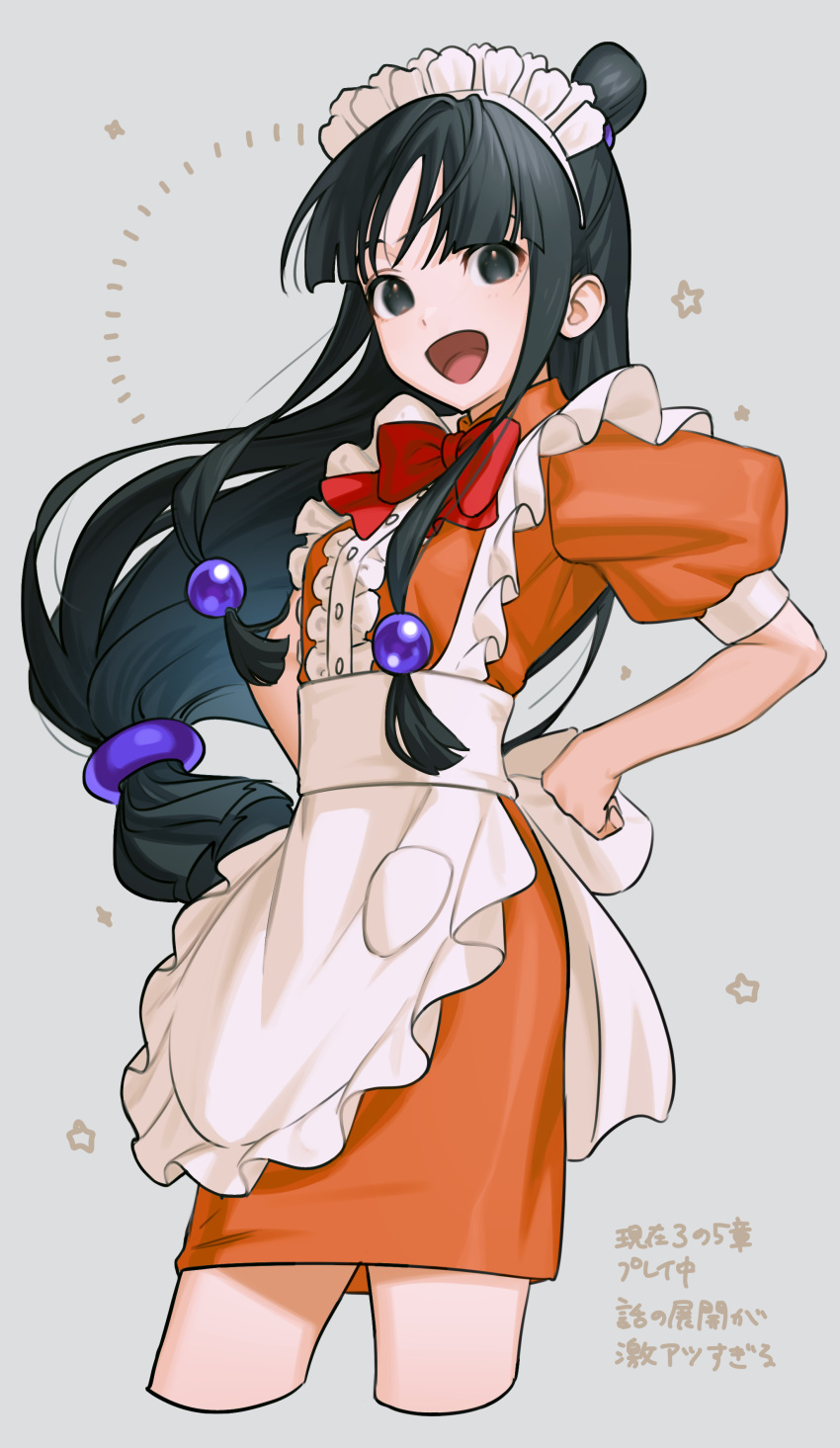 1girl absurdres apron ayasato_mayoi bangs black_eyes black_hair blunt_bangs character_request check_character cropped_legs dress frilled_apron frills grey_background gyakuten_saiban highres long_hair maid_headdress mimizubare open_mouth orange_dress puffy_short_sleeves puffy_sleeves short_sleeves simple_background smile solo very_long_hair white_apron