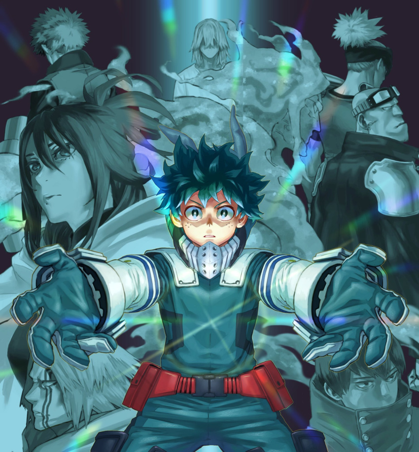 1girl 6+boys all_might armor back back_turned bald belt belt_pouch black_background boku_no_hero_academia bright_pupils cape elbow_gloves en_(boku_no_hero_academia) facial_mark freckles gloves goggles goggles_on_head green_eyes green_gloves green_hair green_theme hair_up highres lariat_(boku_no_hero_academia) long_hair midoriya_izuku mole mole_under_mouth multiple_boys outstretched_arms pouch shimura_nana shinomori_hikage shoulder_armor simple_background spiked_hair spoilers two-tone_gloves white_gloves yomoyama_yotabanashi