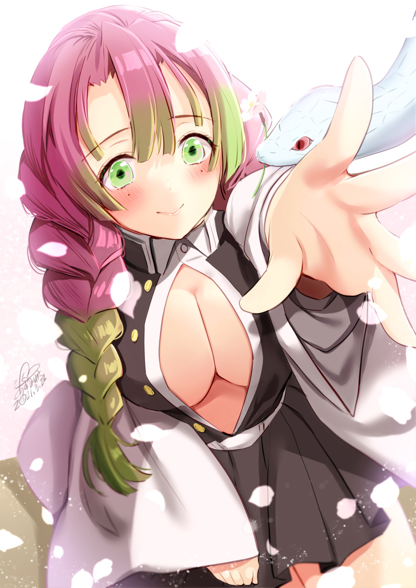 1girl animal azuma_yuki bangs black_jacket black_skirt blush braid breasts cleavage closed_mouth collared_shirt dated eyebrows_visible_through_hair flower flower_in_mouth foreshortening gradient_hair green_eyes green_hair hair_between_eyes highres jacket kanroji_mitsuri kimetsu_no_yaiba long_sleeves medium_breasts mole mole_under_eye mouth_hold multicolored_hair open_clothes open_jacket open_shirt outstretched_arm petals pink_flower pink_hair pleated_skirt shirt signature skirt sleeves_past_wrists smile snake solo white_shirt white_snake wide_sleeves