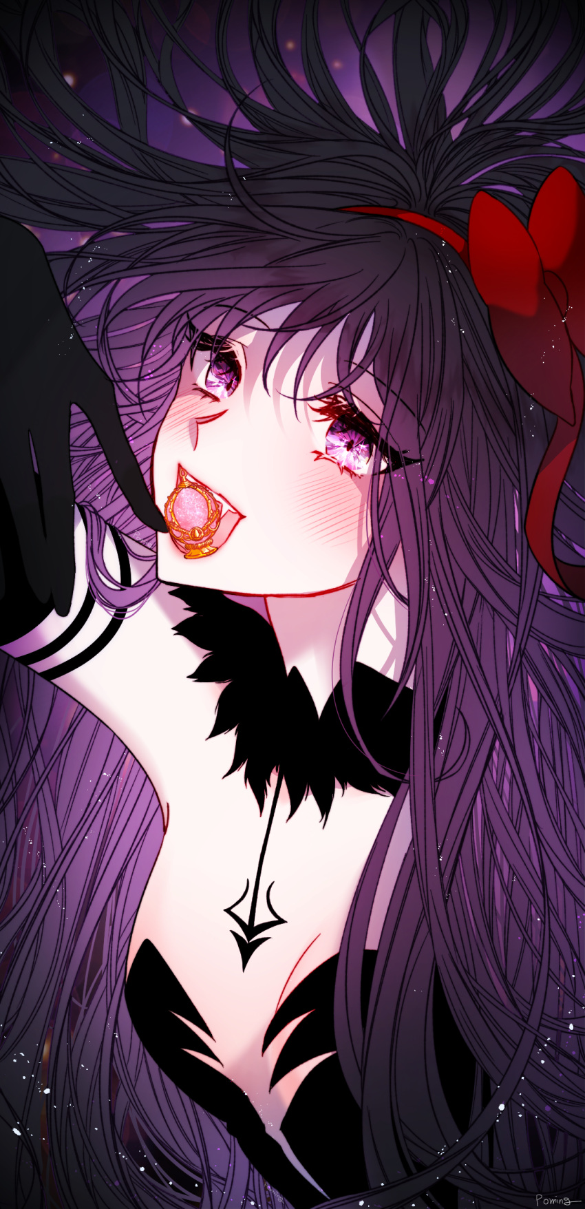 1girl akemi_homura akuma_homura arm_up artist_name bare_shoulders black_choker black_gloves black_hair black_theme breasts choker cleavage close-up elbow_gloves evil_smile eyebrows_visible_through_hair eyelashes eyes_visible_through_hair face fangs floating_hair gloves hair_ribbon hand_to_own_mouth highres light_blush light_particles long_hair looking_at_viewer mahou_shoujo_madoka_magica mahou_shoujo_madoka_magica_movie open_mouth pale_skin poming purple_background purple_eyes purple_theme red_ribbon revealing_clothes ribbon shaded_face simple_background small_breasts smile solo soul_gem straight_hair teeth_hold tsurime upper_body very_long_hair
