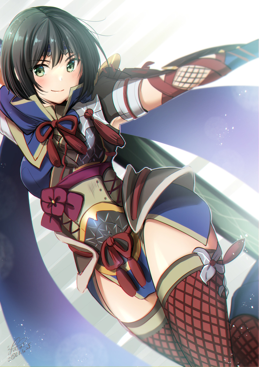 &gt;:) 1girl armor armored_dress azuma_yuki bangs black_hair blue_dress blush breasts character_request closed_mouth dated dress eyebrows_visible_through_hair fishnet_legwear fishnets green_eyes hair_between_eyes highres medium_breasts monster_hunter monster_hunter_rise outstretched_arm pelvic_curtain red_legwear short_hair signature smile solo thighhighs v-shaped_eyebrows