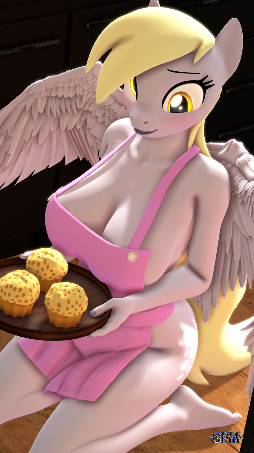 3d_(artwork) amber_eyes anthro anthrofied anthroponiessfm apron apron_only big_breasts blonde_hair blush breasts cleavage clothed clothing derp_eyes derpy_hooves_(mlp) digital_media_(artwork) equid equine female food friendship_is_magic hair hasbro hi_res kneeling looking_at_viewer mammal mostly_nude muffin my_little_pony pegasus plate side_boob solo wings