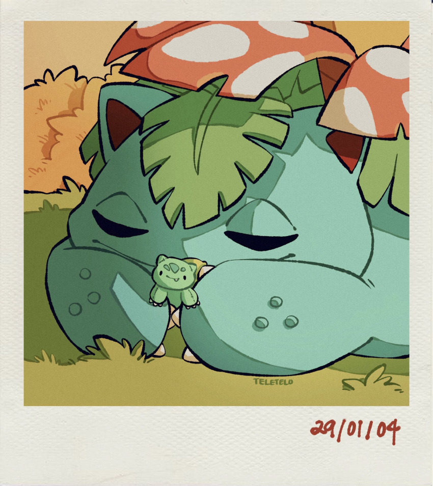 2004 age_progression bulbasaur closed_eyes doll_hug flower gen_1_pokemon highres holding leaf no_humans pokemon pokemon_(creature) signature teletelo venusaur