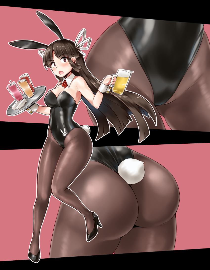 1girl absurdres animal_ears beer_mug black_hair black_legwear black_leotard breasts brown_eyes bunny_ears bunny_tail cleavage commentary_request cup detached_collar drink full_body glass hair_ribbon highres hime_cut hiyou_(kancolle) kantai_collection leotard long_hair looking_at_viewer magatama medium_breasts minase_(takaoka_nanase) mug multiple_views one-piece_thong open_mouth pantyhose playboy_bunny red_neckwear ribbon strapless strapless_leotard tail thong_leotard wrist_cuffs