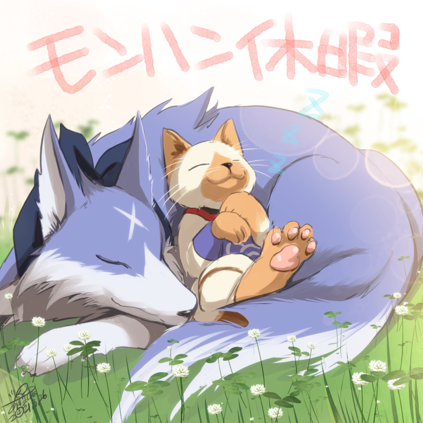 animal animal_focus azuma_yuki bandana blurry blurry_background canyne cat closed_eyes closed_mouth dated depth_of_field facing_viewer felyne flower highres monster_hunter monster_hunter_rise no_humans on_grass signature sleeping smile translation_request white_flower wolf zzz