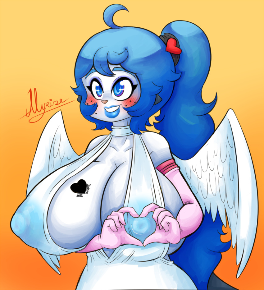 &lt;3 ahoge alternate_version_at_source alyrise anthro anthrofied armwear big_breasts blue_eyes blue_hair blue_lipstick blue_nipples blush breast_tattoo breasts celeste_(basketgardevoir) cleavage clothed clothing dress elbow_gloves english_text fake_wings feathered_wings feathers female freckles gesture gloves gradient_background hair half-length_portrait hand_heart handwear hi_res holidays huge_breasts lipstick long_hair makeup mammal mustelid nintendo nipple_outline nipples oppai_heart oshawott pok&eacute;mon pok&eacute;mon_(species) pok&eacute;morph ponytail portrait scrunchie signature simple_background smile solo tattoo text translucent translucent_clothing translucent_dress valentine's_day video_games wings yellow_background