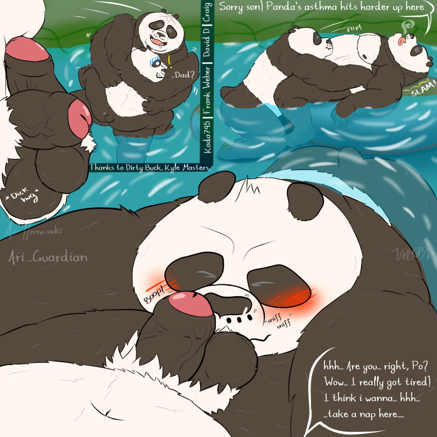 2021 anthro ari_guardian balls black_body black_fur black_nose blush dreamworks duo erection eyes_closed father father_and_child father_and_son fur genitals giant_panda hi_res humanoid_genitalia humanoid_hands humanoid_penis incest_(lore) kung_fu_panda li_shan_(kung_fu_panda) male male/male mammal master_po_ping nude outside overweight overweight_male parent parent_and_child penis skinny_dipping son ursid water white_body white_fur