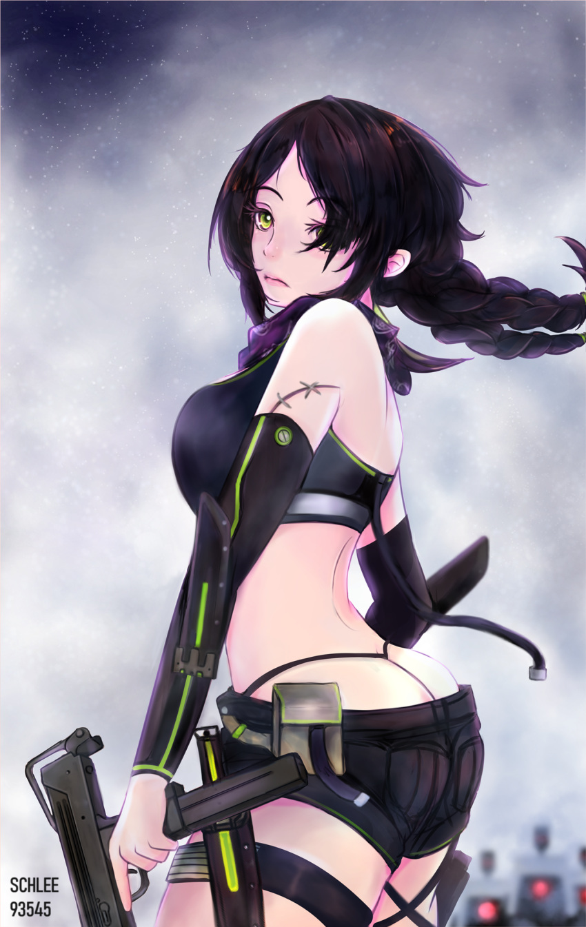 1girl arm_sheath artist_name back bandana belt belt_pouch bikini bikini_top black_bikini black_hair black_shorts blurry braid breasts crop_top depth_of_field detached_sleeves dinergate_(girls_frontline) fog girls_frontline green_eyes green_trim gun hair_over_one_eye highres holding holding_gun holding_weapon knife knife_holster lips long_hair looking_at_viewer looking_back low_twintails mac-10 mac-10_(girls_frontline) medium_breasts midriff pouch scar schleezed short_shorts shorts solo stitches submachine_gun swimsuit thigh_sheath thigh_strap thong_bikini tied_hair trigger_discipline twin_braids twintails weapon