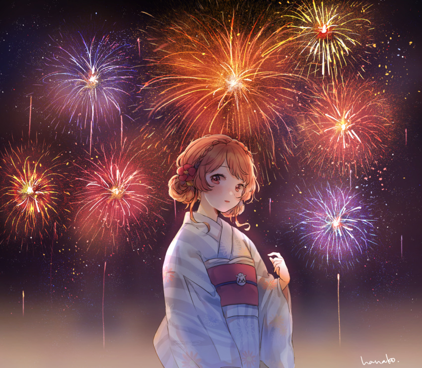 1girl aerial_fireworks aikatsu! aikatsu!_(series) bangs blush braid brown_eyes brown_hair crown_braid double_bun fireworks flower hair_flower hair_ornament hanako151 hand_up japanese_clothes kimono looking_at_viewer night night_sky obi oozora_akari red_flower red_sash sash signature sky solo upper_body yukata