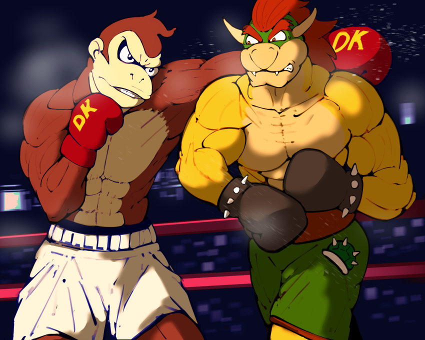 anthro ape bowser donkey_kong_(character) donkey_kong_(series) dragon duo gorilla haplorhine hi_res male male/male mammal mario_bros muscular nintendo nukuku primate video_games