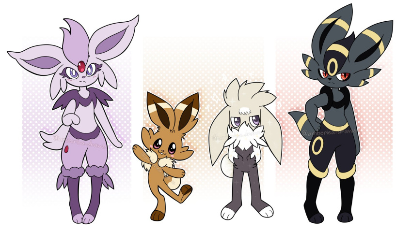 2021 amberlea-draws ambiguous_gender blush cinderace eevee eeveelution espeon group hi_res hybrid looking_at_viewer nintendo pok&eacute;mon pok&eacute;mon_(species) raboot scorbunny shiny_pok&eacute;mon umbreon video_games