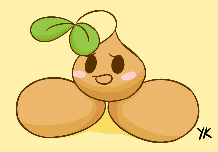 ambiguous_gender big_feet blush blush_stickers brown_body elemental_creature feet flora_fauna hi_res leaf omori_(game) open_mouth plant simple_background solo sprout_mole standing stem unknown_species yellow_background yungknight