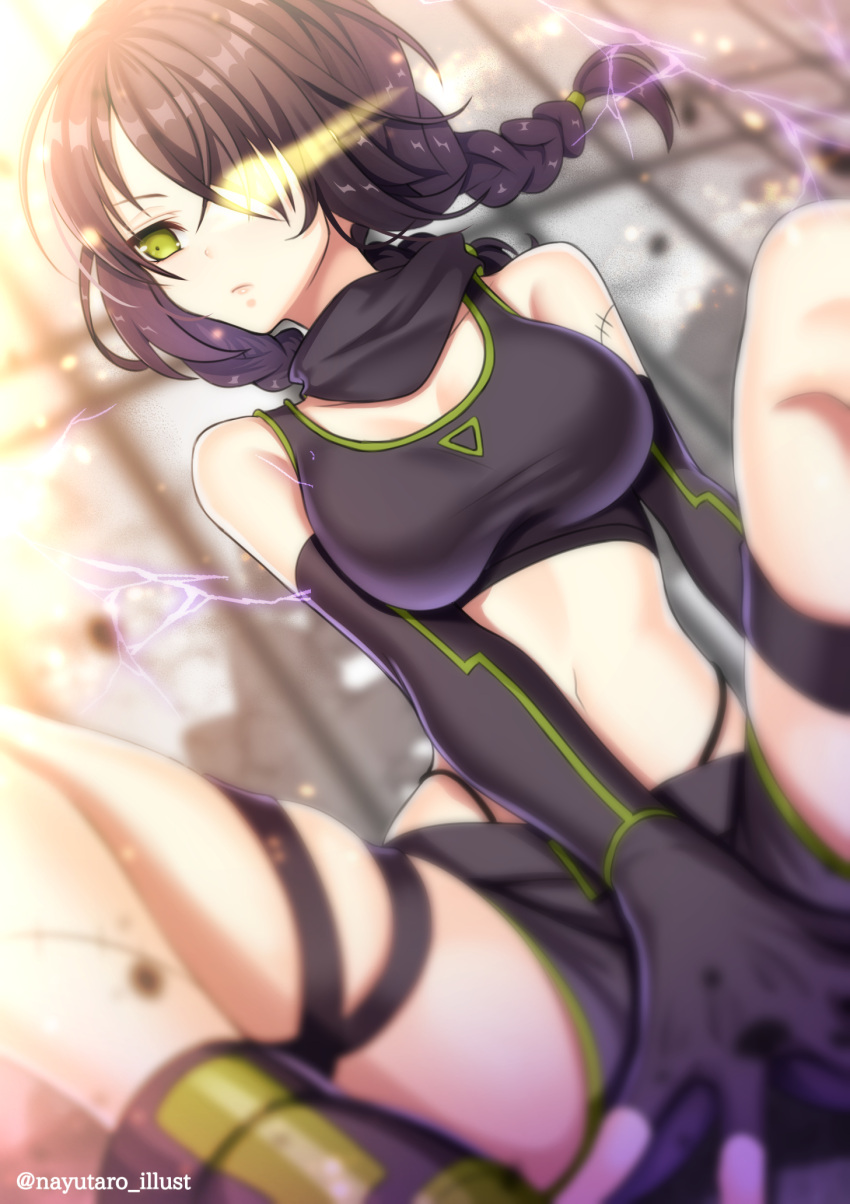 1girl arm_support awasete0 bandana bikini bikini_bottom black_gloves black_hair black_shorts blurry boots braid breasts cinders cleavage closed_mouth crop_top day depth_of_field dutch_angle elbow_gloves electricity fingerless_gloves girls_frontline gloves glowing glowing_eye glowing_lines green_eyes green_trim hair_over_one_eye highres large_breasts lips long_hair looking_to_the_side low_twintails mac-10_(girls_frontline) midriff navel shirt shorts solo spread_fingers stitches swimsuit taut_clothes taut_shirt thigh_strap thighs thong_bikini tied_hair twin_braids twintails twitter_username wall