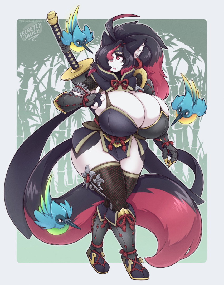 anthro armor avian big_breasts bird black_hair breasts capcom cleavage clothed clothing digital_media_(artwork) domestic_cat felid feline felis female fur gloves greaves hair hair_over_eye handwear hi_res huge_breasts long_hair longsword mammal melee_weapon monster_hunter monster_hunter_rise multicolored_hair nikki_(saucy) one_eye_obstructed red_hair secretly_saucy solo standing sword thick_thighs vambraces video_games weapon wide_hips