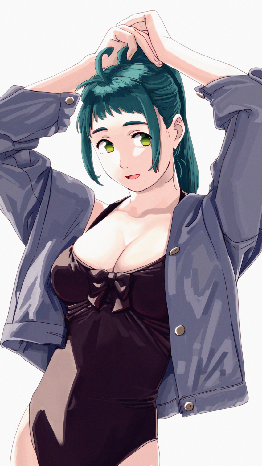 1girl absurdres adjusting_hair ahoge alternate_costume arms_up bangs blush breasts cleavage covered_navel cowboy_shot green_eyes green_hair highres huge_filesize irako_(kancolle) jacket kantai_collection large_breasts long_hair looking_at_viewer ojipon open_mouth ponytail simple_background smile solo swimsuit swimsuit_under_clothes white_background