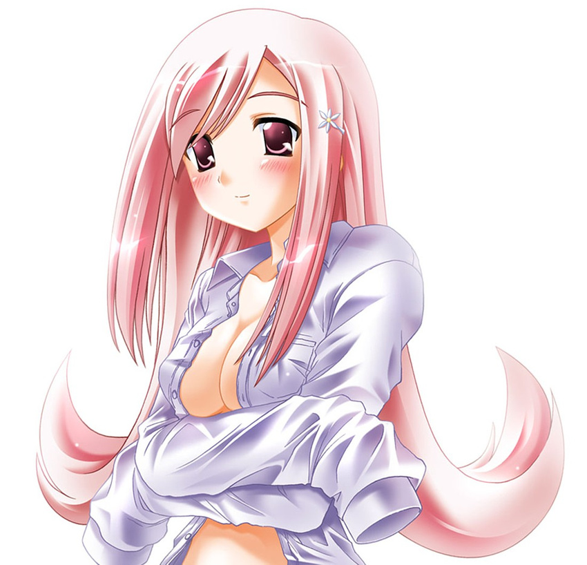 breasts cleavage hair_ornament hairclip long_hair long_sleeves lucy_maria_misora medium_breasts open_clothes open_shirt otoki_raku pink_eyes pink_hair shirt solo to_heart_2 white_shirt