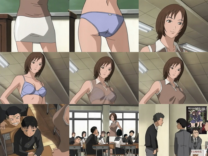 6+boys ass beck blue_bra blue_panties bra bra_through_clothes lingerie long_sleeves multiple_boys multiple_girls panties pencil_skirt screencap see-through skirt underwear