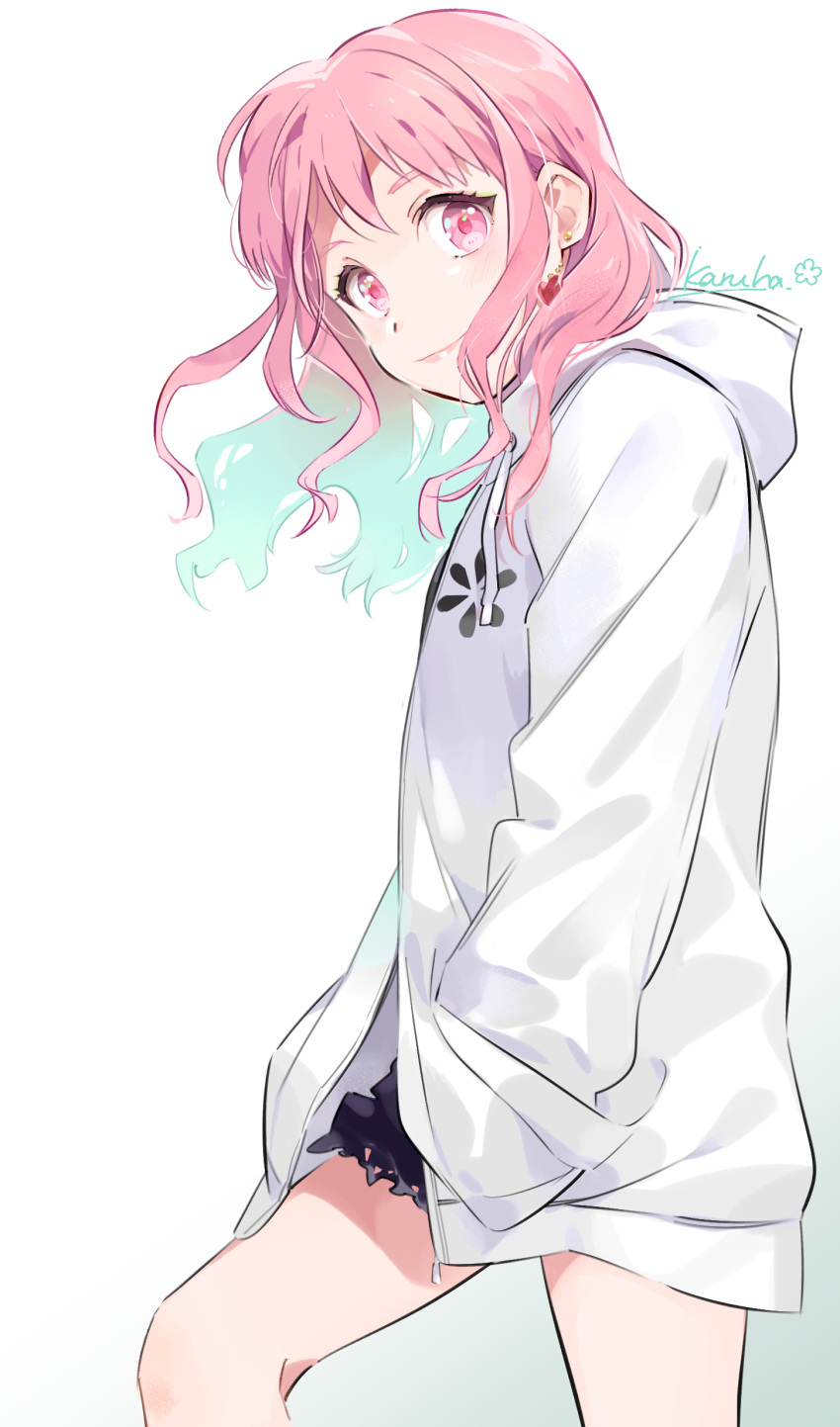 1girl absurdres alternate_costume artist_name bang_dream! bare_legs blush closed_mouth earrings eyebrows_behind_hair feet_out_of_frame from_side gradient_hair hands_in_pockets heart heart_earrings highres hood hood_down hoodie jewelry karuha long_sleeves looking_at_viewer maruyama_aya medium_hair multicolored_hair pink_eyes pink_hair shorts simple_background smile solo standing white_background white_hoodie