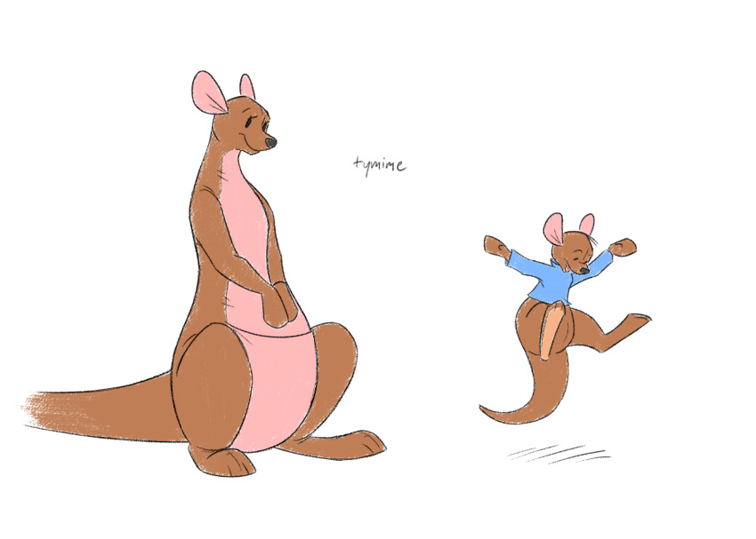 2021 7:5 animate_inanimate anthro biped black_nose blue_clothing blue_shirt blue_topwear bottomless clothed clothing colored_sketch disney eyelashes featureless_crotch female hi_res jumping kanga kangaroo living_plushie macropod male mammal marsupial nude open_mouth open_smile plushie roo_(winnie_the_pooh) shirt signature simple_background smile standing topwear tymime white_background winnie_the_pooh_(franchise)