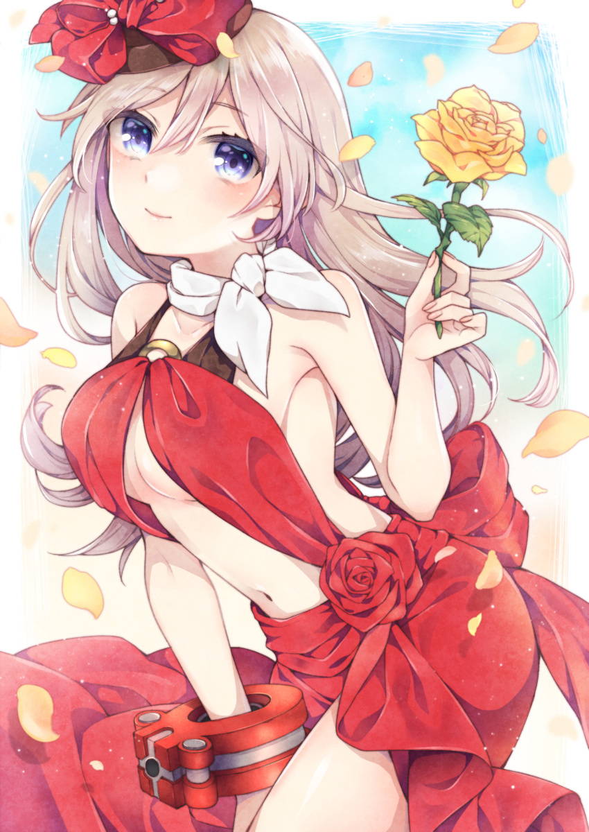 1girl alisa_ilinichina_amiella back_bow bangs bare_shoulders blue_background blue_eyes blush bow breasts center_opening closed_mouth collarbone commentary cowboy_shot dress eyebrows_visible_through_hair flower god_eater hair_between_eyes hand_up highres holding holding_flower io_(1033k) long_hair looking_at_viewer medium_breasts midriff navel o-ring official_alternate_costume petals red_dress red_flower red_ribbon red_rose revealing_clothes ribbon rose scarf sidelocks silver_hair sleeveless sleeveless_dress smile solo standing tilted_headwear underboob white_scarf yellow_flower yellow_rose