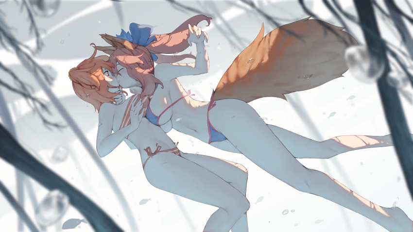2girls absurdres air_bubble animal_ears asymmetrical_docking bare_arms bare_legs bare_shoulders barefoot bikini blue_bow bow breast_press breasts bubble closed_eyes fate/grand_order fate_(series) feet_out_of_frame fish fox_ears fox_girl fox_tail from_side fujimaru_ritsuka_(female) hair_bow hand_on_another's_chin highres looking_at_another medium_breasts multiple_girls navel one_side_up orange_bikini orange_eyes orange_hair orange_ribbon pink_hair pink_ribbon ponytail profile ribbon rou_(rou22) side-tie_bikini sidelocks stomach striped striped_bikini swimsuit tail tamamo_(fate)_(all) tamamo_no_mae_(swimsuit_lancer)_(fate) underboob underwater wide-eyed yuri