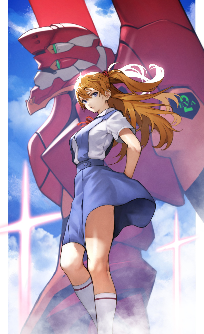 1girl absurdres arms_behind_back blue_skirt breasts brown_hair commentary_request cross day eva_02 feet_out_of_frame highres interface_headset kneepits long_hair long_skirt looking_at_viewer mecha medium_breasts multicolored_hair neon_genesis_evangelion pigeon-toed revision school_uniform skirt socks solo_focus souryuu_asuka_langley standing thighs two-tone_hair wind wind_lift yoshio_(55level)