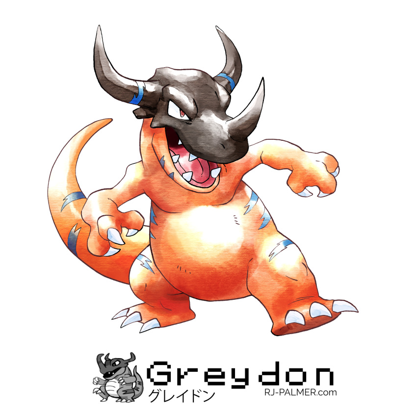 artist_name arvalis character_name digimon dragon english_commentary greymon highres horns looking_ahead no_humans open_hands orange_eyes parody pokemon pokemon_(game) pokemon_rgby sharp_teeth single_horn style_parody teeth watermark web_address white_background