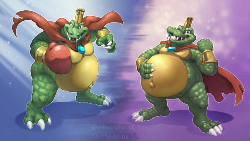 2018 3_toes 4_fingers action_pose anthro belly big_belly biped blue_background boxing_gloves bracelet cape cape_only claws clothing crocodile crocodilian crocodylid crown digital_media_(artwork) donkey_kong_(series) fangs featureless_crotch feet finger_claws fingers fist full-length_portrait gradient_background green_body green_scales hand_on_stomach handwear holding_belly jewelry king king_k._rool kremling male mostly_nude multiple_images navel nintendo obese obese_anthro obese_male open_mouth open_smile outie_navel overweight overweight_anthro overweight_male pecs plantigrade portrait pose purple_background raised_arm reptile royalty scales scalie sharp_teeth signature simple_background smile solo standing teeth the-b3ing toe_claws toes video_games white_claws
