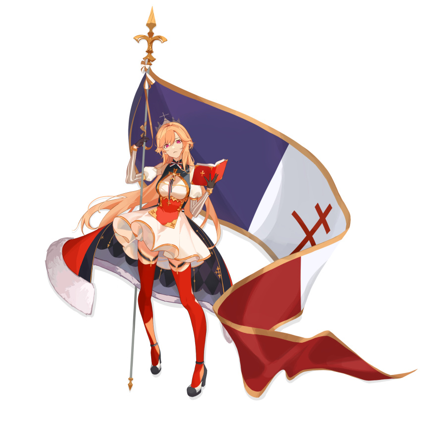 1girl 4sterisk azur_lane black_footwear black_gloves book breasts cleavage crown dress flag french_flag full_body gloves half_gloves high_heels highres holding holding_flag juliet_sleeves long_hair long_sleeves looking_at_viewer open_book orange_hair puffy_sleeves red_eyes red_legwear richelieu_(azur_lane) shoes simple_background solo thigh_strap thighhighs very_long_hair white_background white_dress