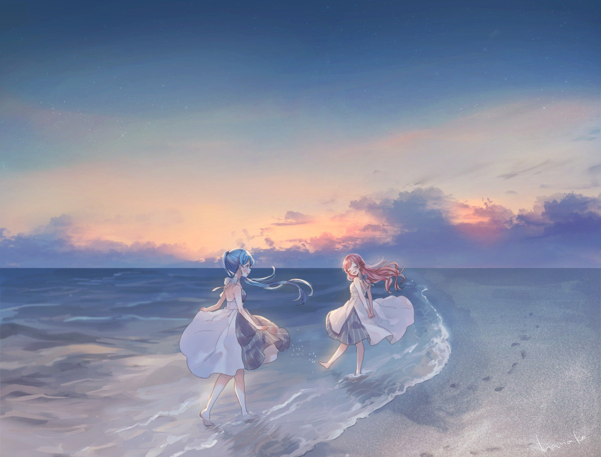 2girls arms_behind_back bare_legs barefoot beach blue_hair blush bow bow_dress cloud dress floating_hair footprints hanako151 hatsune_miku highres long_hair looking_at_another megurine_luka multiple_girls ocean open_mouth outdoors red_hair signature skirt_hold sky smile splashing star_(sky) striped sunrise twintails vertical-striped_dress vertical_stripes vocaloid white_bow white_dress