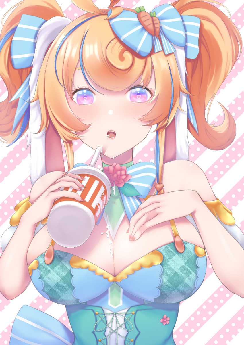 1girl :o absurdres ahoge aqua_hair bonnie_(bunny_gif) bow breasts bunny_ayumi carrot_hair_ornament cleavage cup detached_sleeves disposable_cup drinking_straw food_themed_hair_ornament hair_bow hair_ornament hair_ribbon heart heart-shaped_pupils highres ichi-go indie_virtual_youtuber large_breasts multicolored multicolored_eyes multicolored_hair open_mouth orange_hair polka_dot polka_dot_background purple_eyes ribbon soda solo spill streaked_hair striped striped_background symbol-shaped_pupils twintails two-tone_hair upper_body virtual_youtuber