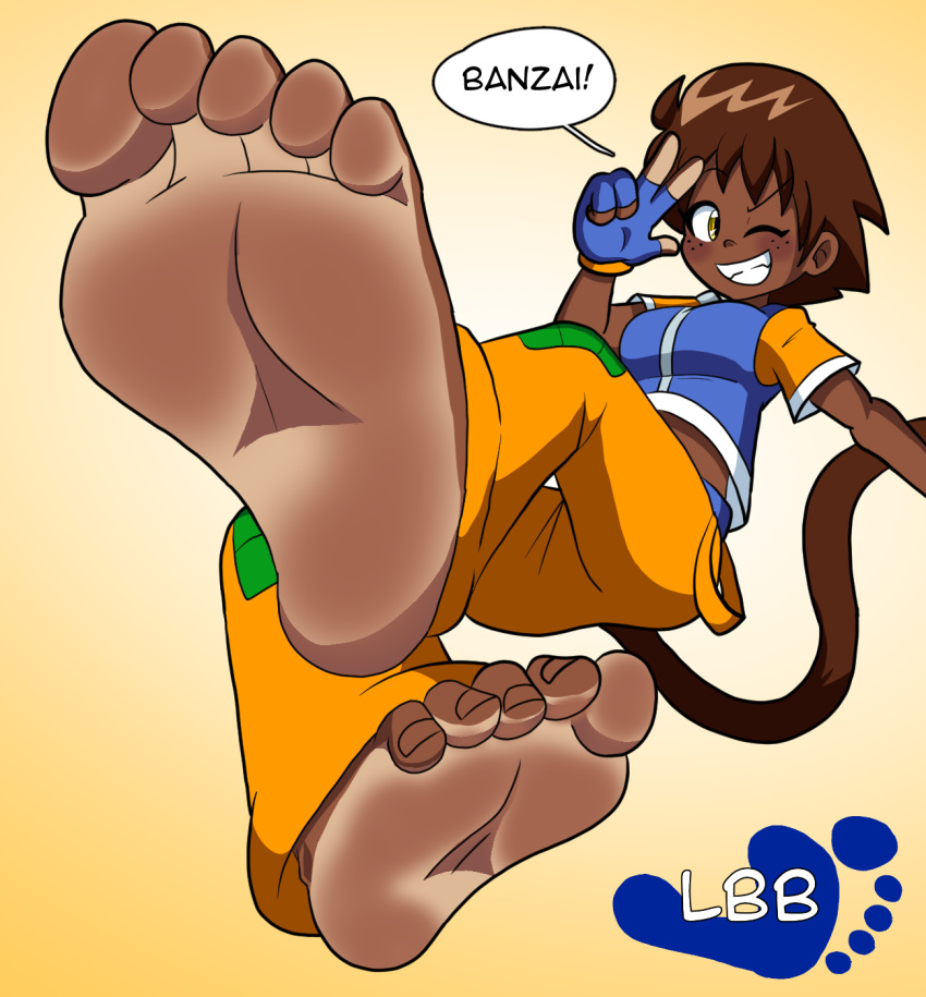 2021 5_fingers 5_toes animal_humanoid bangs barefoot biped blue_clothing blue_shirt blue_topwear blush body_blush bottomwear breasts brown_body brown_hair butt clenched_teeth clothed clothing dark_body dark_skin digital_drawing_(artwork) digital_media_(artwork) english_text eyebrows eyelashes feet feet_in_face female fingerless_gloves fingers foot_blush foot_focus footprint foreshortening freckles gesture gloves hair handwear hi_res humanoid lazyboyblue looking_at_viewer low-angle_view mammal mammal_humanoid medium_breasts medium_hair midriff monkey_humanoid monkey_tail nails no_shoes one_eye_closed orange_bottomwear orange_clothing orange_pants pants peace_symbol plantigrade primate primate_humanoid raised_eyebrow saru_(lazyboyblue) shirt short_sleeves simple_background smile soles solo speech_bubble suspended_in_midair tan_background teasing teeth teeth_showing text toe_curl toe_scrunch toenails toes topwear v_sign watermark wink winking_at_viewer yellow_eyes